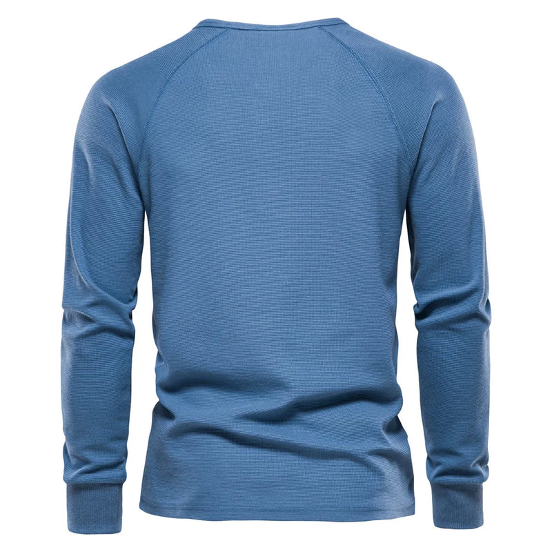 Men Denim Blue Waffle Henley Shirt Autumn Regular Fit Light weight Tshirts Casual Buttons Shirt