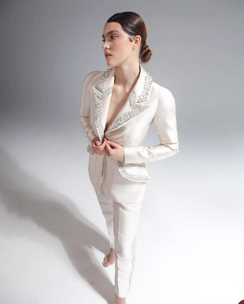 Modern Crystal Women Suits One Button Shiny Pocket Blazer Custom Made Slim Fit Elegant Celebrity Jacket