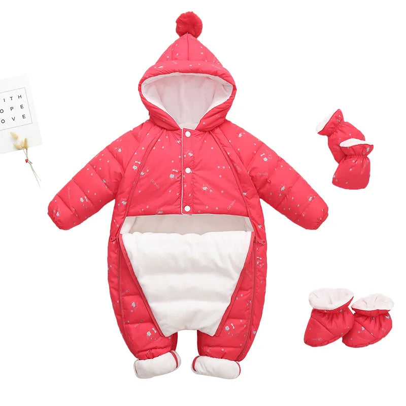 Baby Jumpsuit Thickened Hooded Print Newborn Outdoor Romper Warm Boutique Down Jacket Rompers