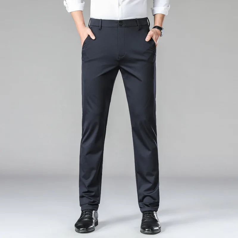 Men Spring Summer Dress Thin Suit Pants Elastic Straight Tube Loose Fit Casual