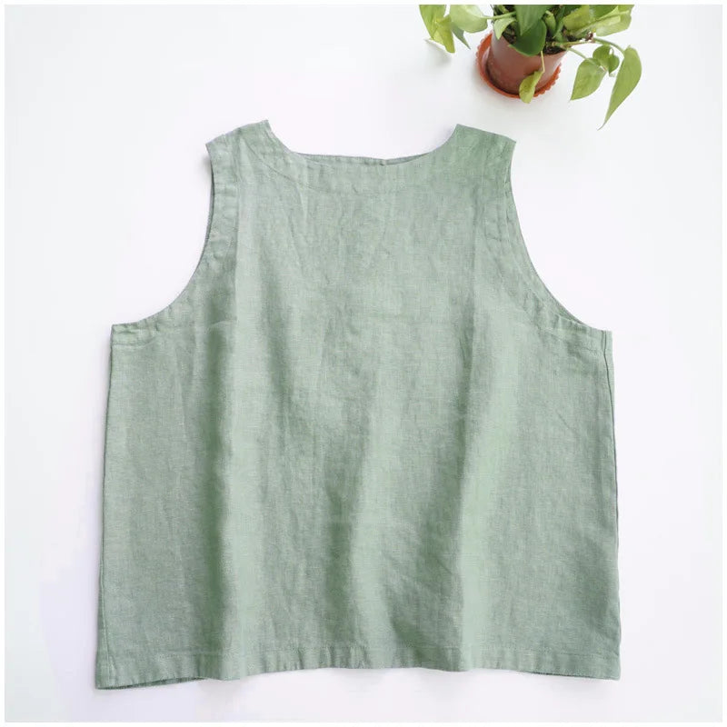 Summer Linen Women Tops Casual Solid Sleeveless Back Button Patchwork Tank Top Women Clothing Offer Free Shipping