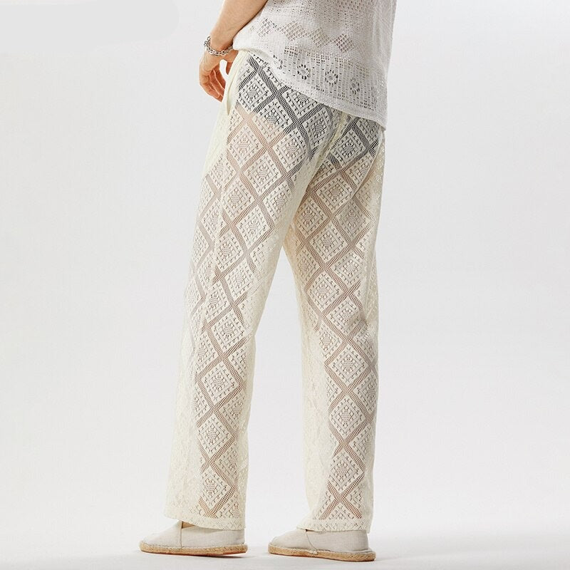 American Style Men Trousers Sexy See-through Lace Long Pants Male Diamond Patterned