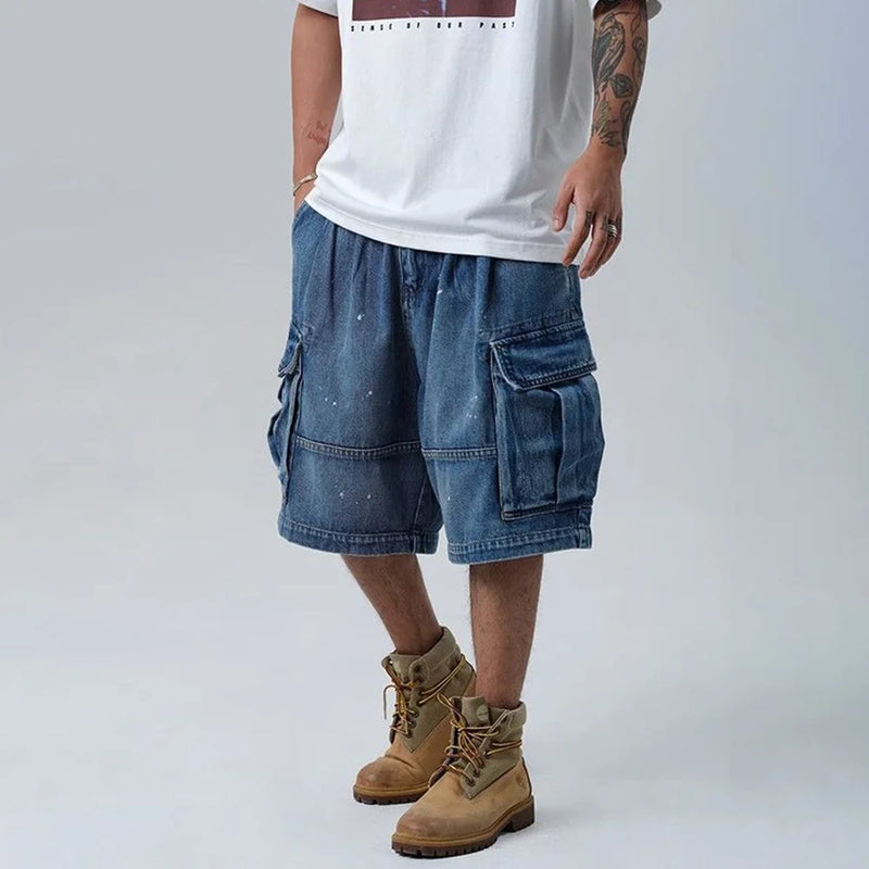 Men Denim Shorts Summer Trend High Street Loose Straight Wide-Leg Pants Men