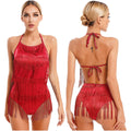 Womens Latin Samba Dance Costume Lace-up Halter Tassel Bodysuit Backless Fringed Jumpsuit Party Dancewear