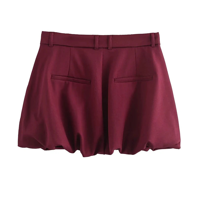 Women Maroon Balloon Mini Skirt Adjustable Drawstring Mid Waist Female Skirts