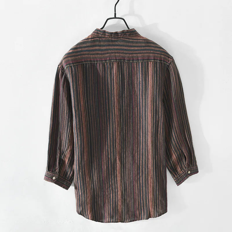 Men Spring and Summer Casual Linen Striped Shirt Loose Lapel Shirt