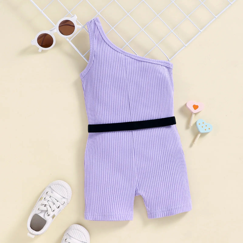 Girls Summer Jumpsuits With Waist Pack Sleeveless One Shoulder Ribbed Elastic Playsuits Shorts