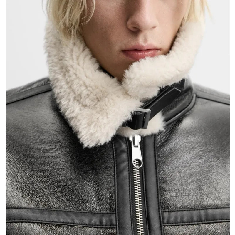 European and American men retro lapel collar fur integrated thermal jacket leather jacket