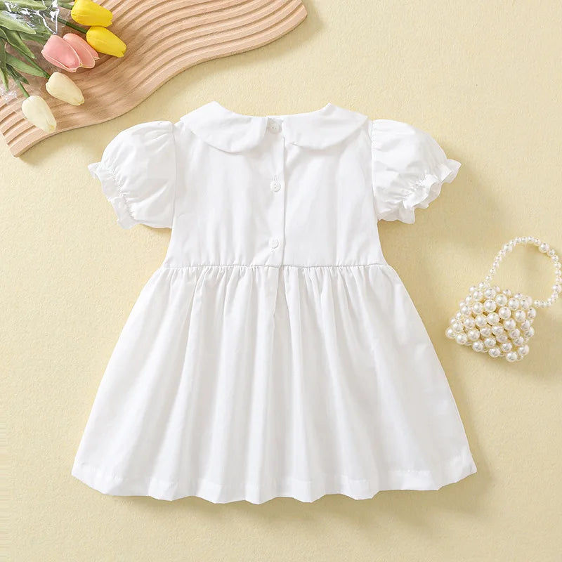 Baby Girls White Party Dresses With Flower Embroidery & Smocking Toddler Girl Cotton Dress Children Summer Clothing