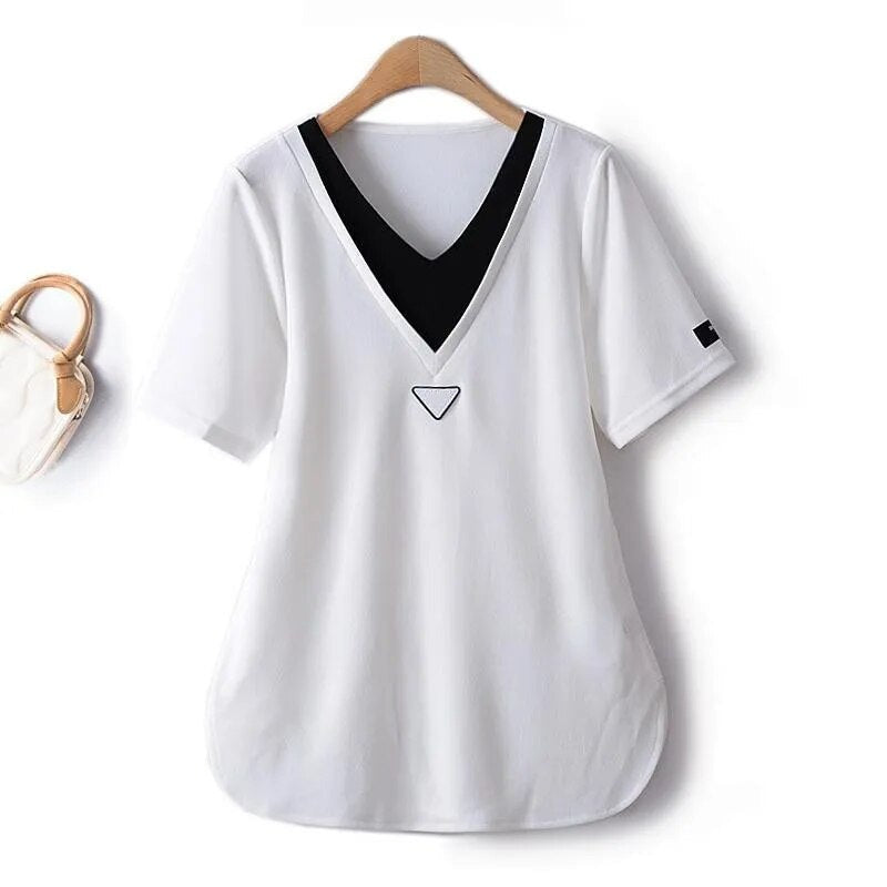 Splicing Knitted Short Sleeve T-shirts Women Summer Thin Cool Loose Tops Woman