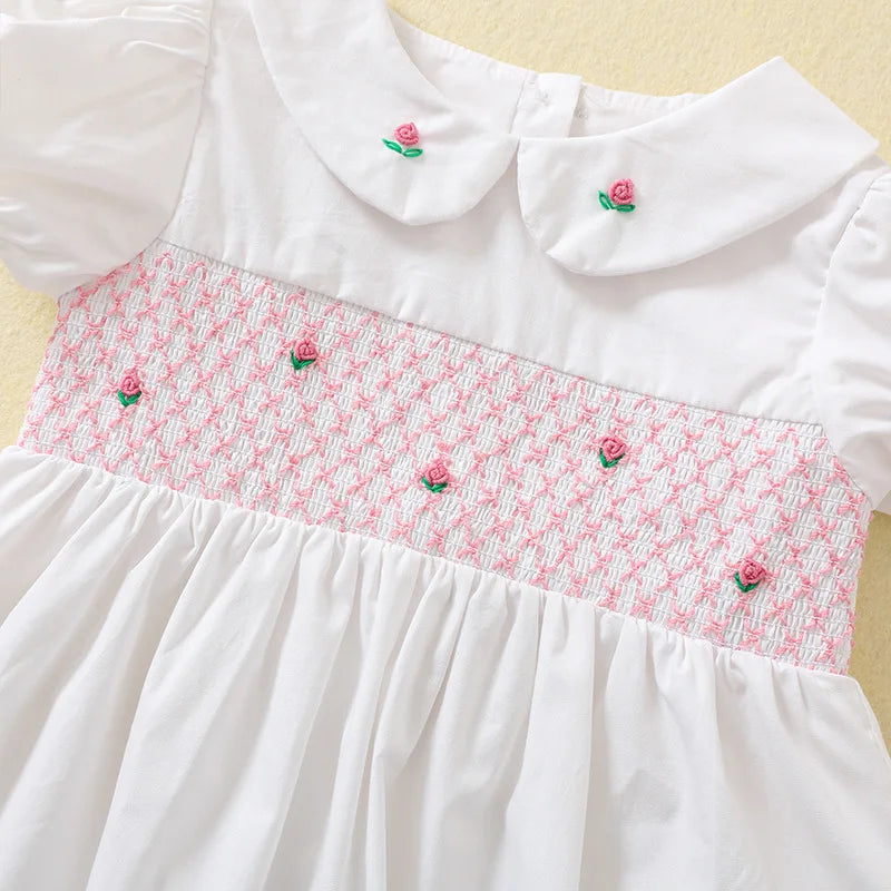 Baby Girls White Party Dresses With Flower Embroidery & Smocking Toddler Girl Cotton Dress Children Summer Clothing