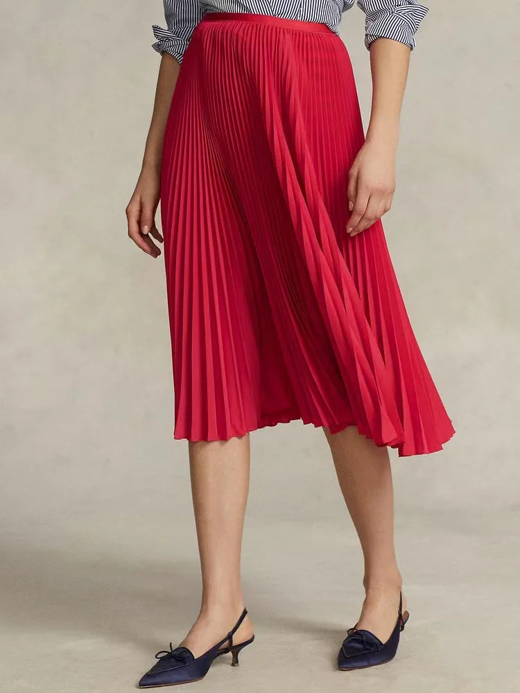 Spring Summer Solid High Waist Pleated Skirts Lady Mid Length Women's Half Skirt Female