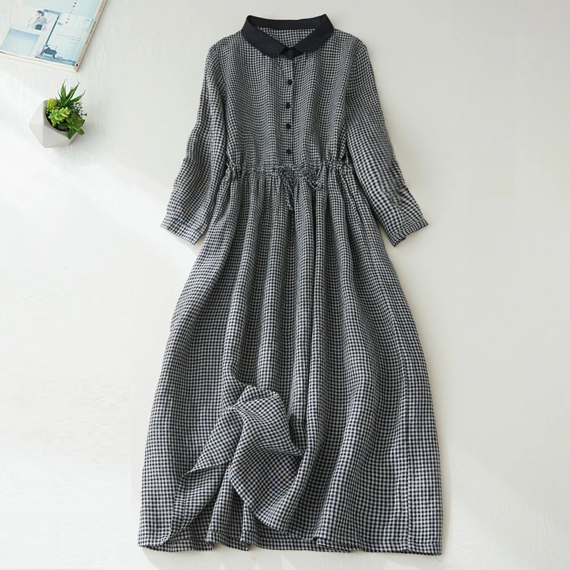 Autumn Spring Cotton Linen Plaid Long Sleeve Drawstring Elegant Ladies Dress Vintage Women