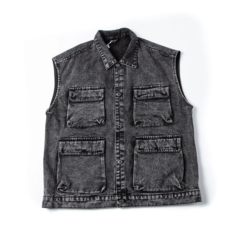 Denim Vest Men Spring Autumn Retro Waistcoat Casual Lapel Top Couple  Vest Jacket