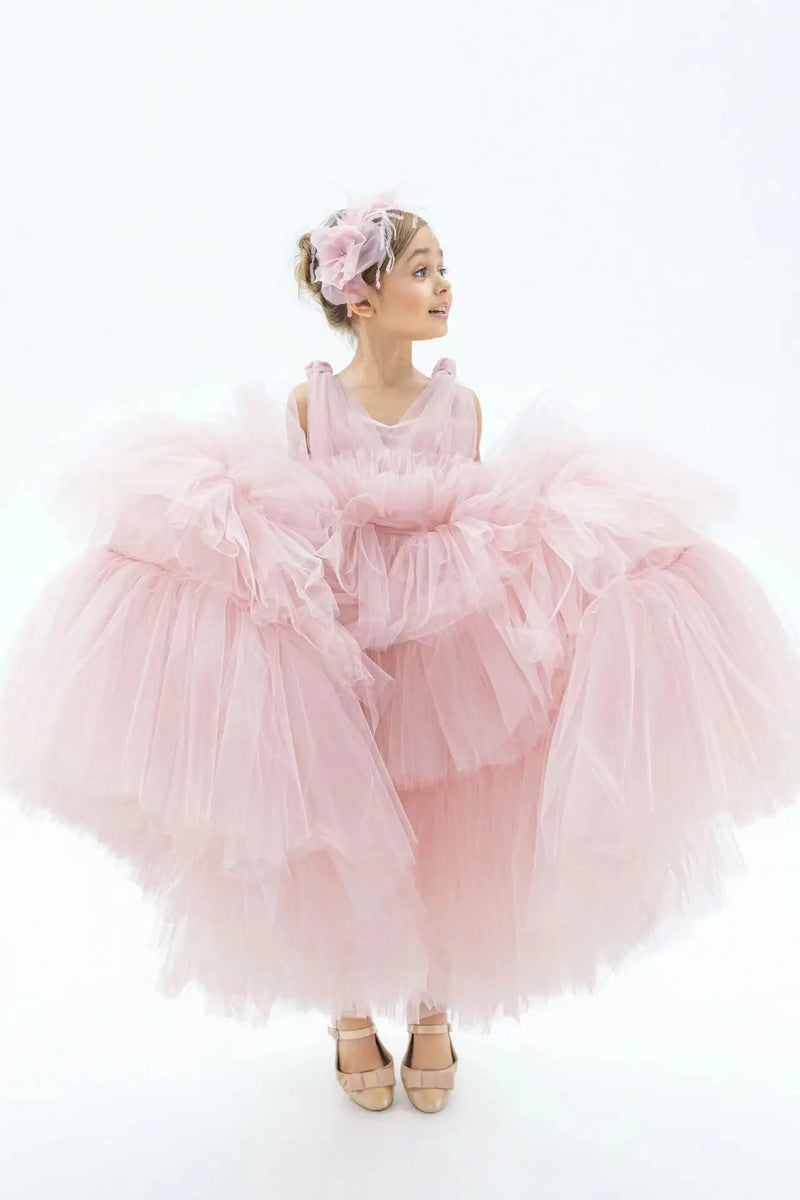 Light Pink Tiered Flower Girl Dress For Wedding Sleeveless Puffy Elegant Kids Birthday Party