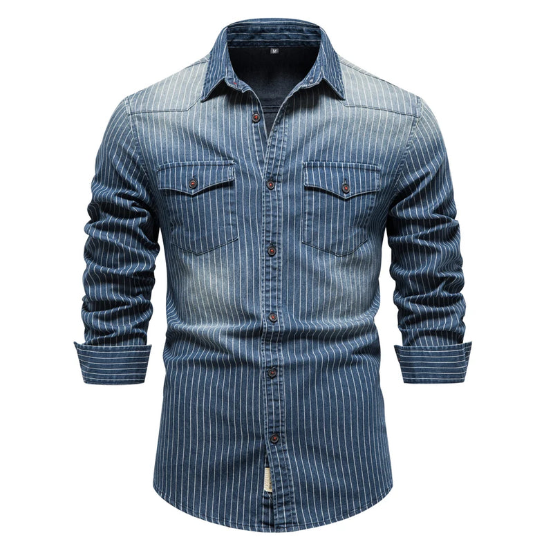 Men Denim Shirts Striped Stretch Long Sleeve Jeans Shirts for Men Casual Slim Cowboy Shirts