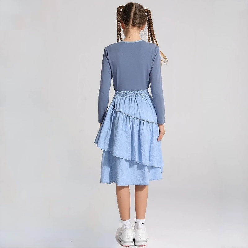 Girls Teen Kids Midi Ruffles Denim Skirt Cotton Summer Jersey Top Patchwork Denim Neck Mommy and Daughter