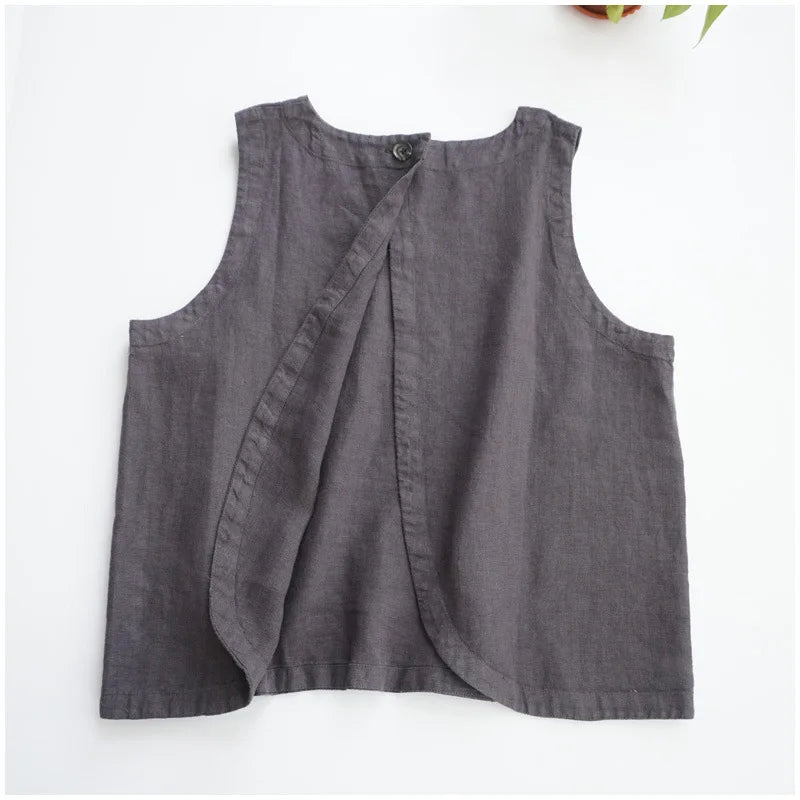 Summer Linen Women Tops Casual Solid Sleeveless Back Button Patchwork Tank Top Women Clothing Offer Free Shipping