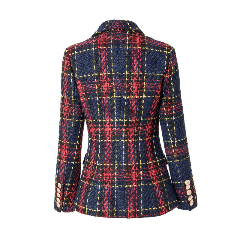 Autumn Winter Thick Woolen Red Plaid Pattern Slim Fit Women Blazer Outerdoor Jackets