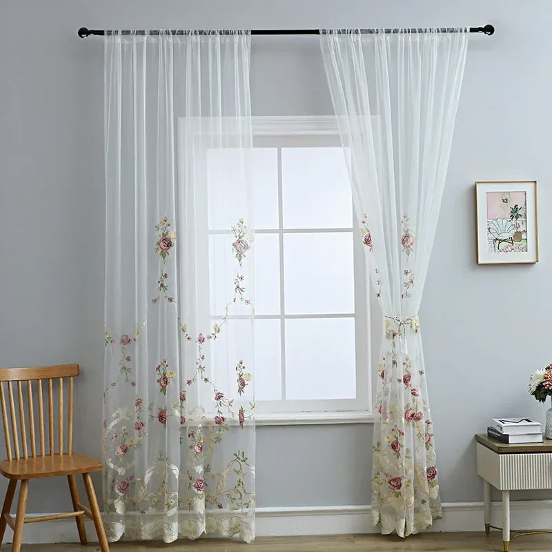 Flower Embroidered Curtains for Living Dining Room Bedroom Semi-Blackout Yarn Sheer Transparent