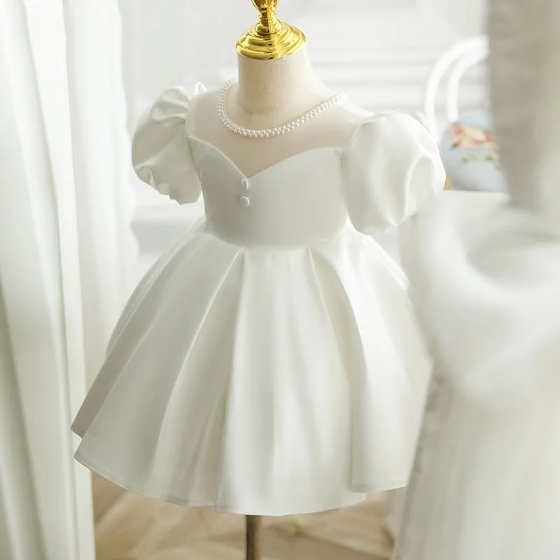 Baby Girl Princess Pearl Neck Dress Puff Sleeve Infant Toddler Child Frocks