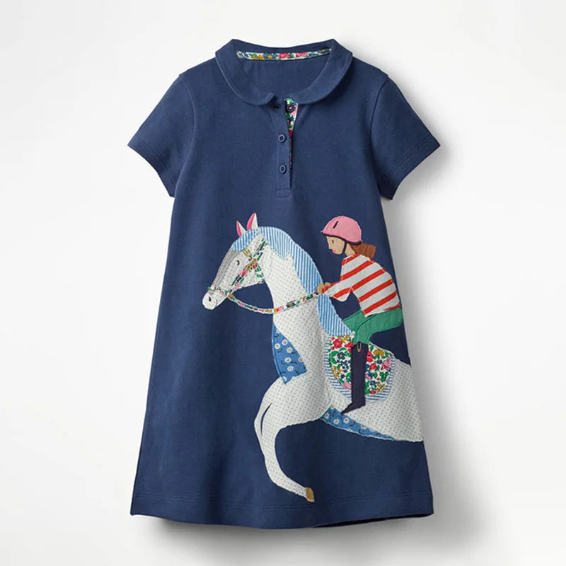 Girls Dresses With Collar Horse Applique Selling Summer Kids Clothing Short Sleeve Baby Frocks