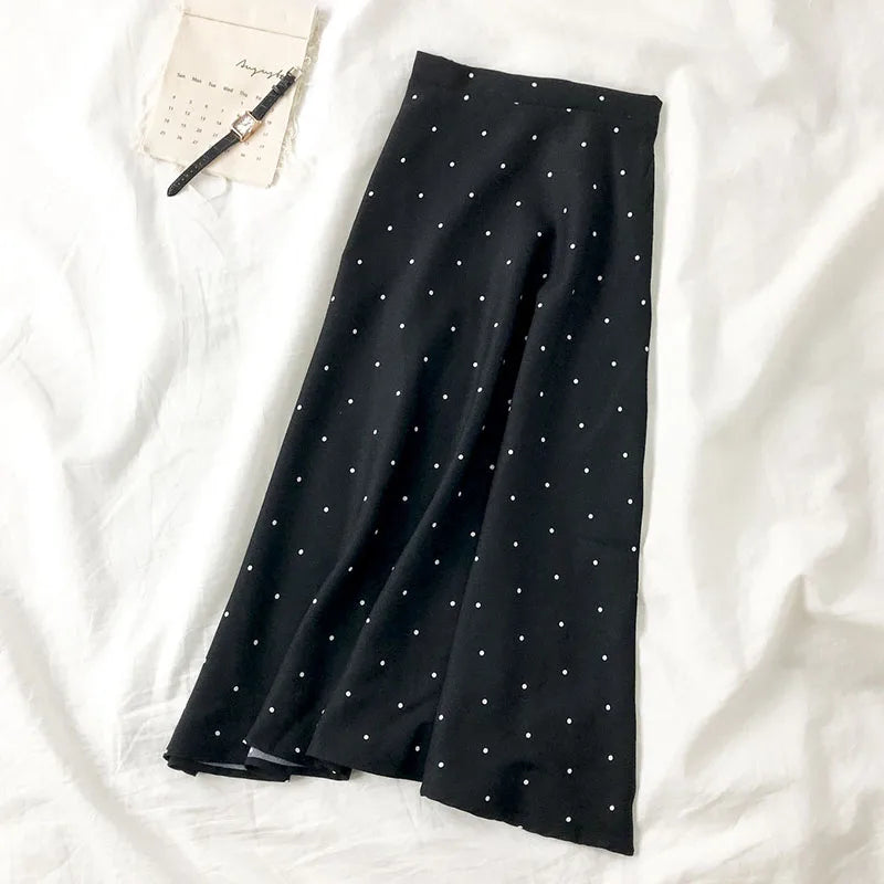 Summer Women Black Polka Dot Chiffon Long Skirt Elegant Lady Skirts Casual Boho Beach Vintage Slim Skirt