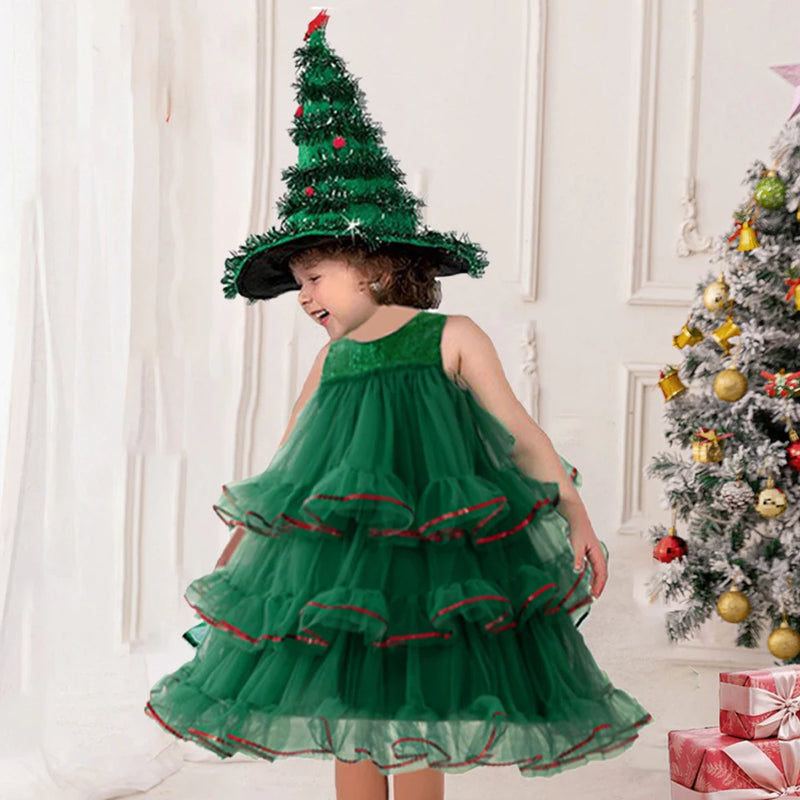 Fluffy Bow Green Christmas Girls Party Dresses Elegant Princess Dress