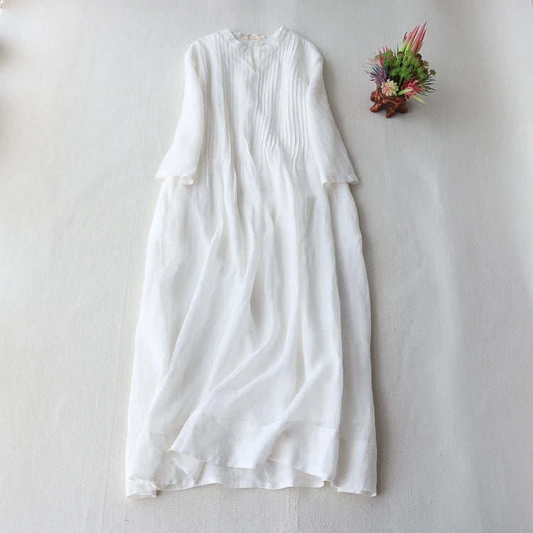 Summer Cotton Linen Dress Women Thin Pleated Flowy Three Quarter Sleeve Dresses Loose Pockets Long