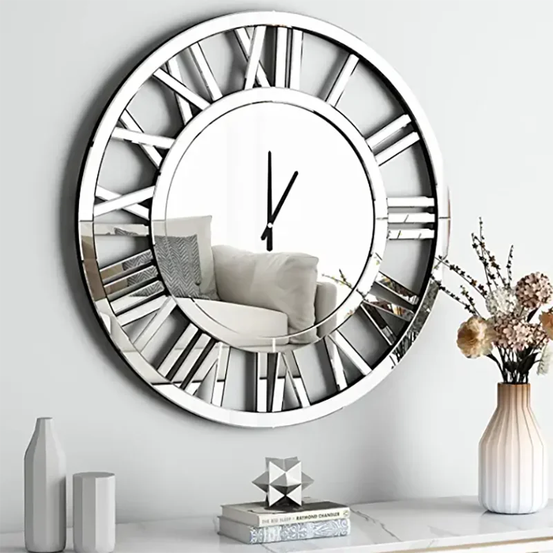 Wall Clock Glass Mirror Modern Decorative Roman Large Silver Wooden Round 3D Clock