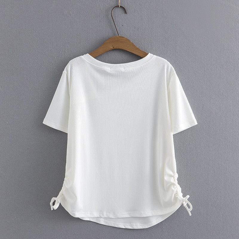 Summer Basic T-Shirt Women Skew Collar Tees Short Sleeve Drawstring On Both Sides Tops Curve Clothes