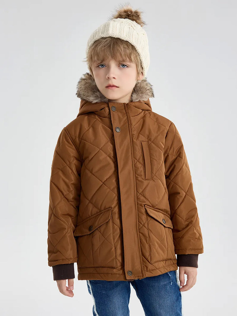 Little Boys Winter Jacket Toddler Kids Puffer Faux-Down Sherpa Lined Fur Hood Mid-Weight Water-Resistant Coat