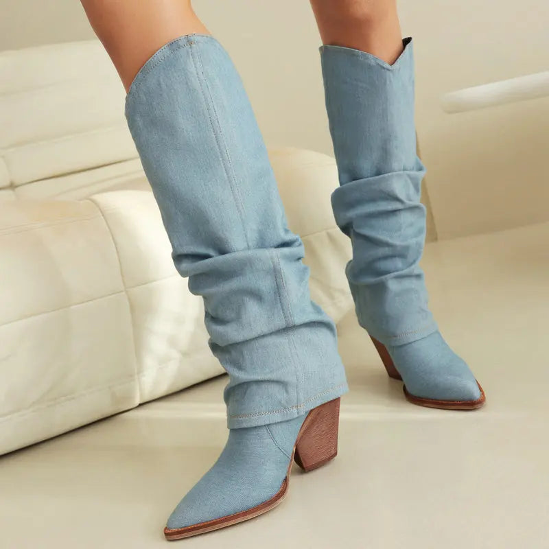 Denim Women Knee High Boots Wedges High Heel Western Boots Autumn Winter Boots