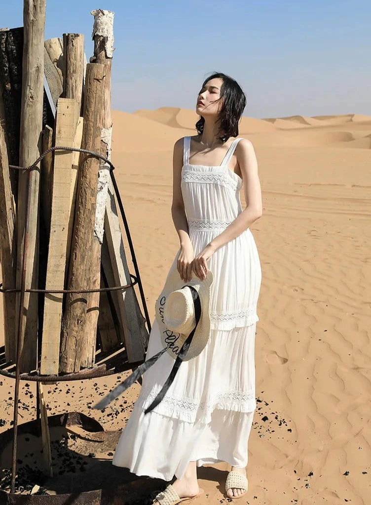 Women Summer Solid White Bohemian Lace Patchwork Casual Maxi Long Dress Lady Sundresses Beach Style