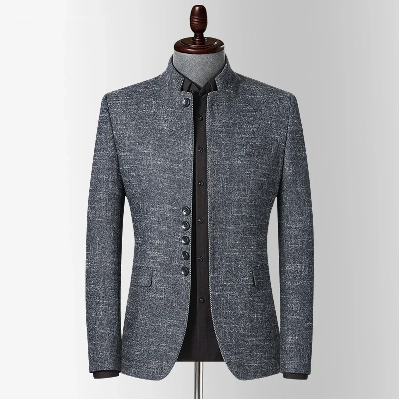 Men Blazer Jacket Stand Collar Slim Fit Outwear Smart Casual Tunic Suit