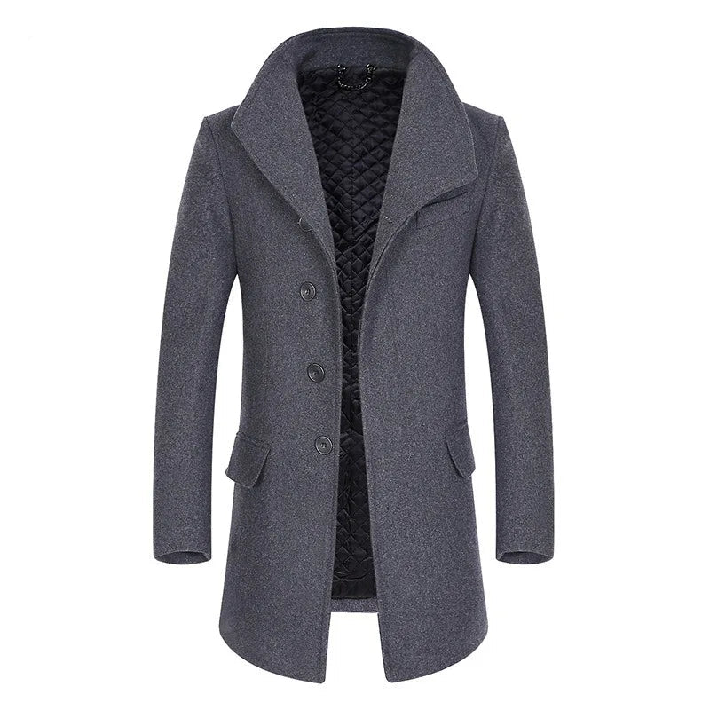 Winter Men Wool Coats Long Jackets Stand Collar Overcoat Classic Slim Fit Solid Color Jacket Coat