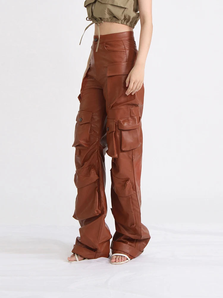 Solid Cargo Pants For Women High Waist Patchwork Pockets Casual Leather Trousers Female Autumn Clothing