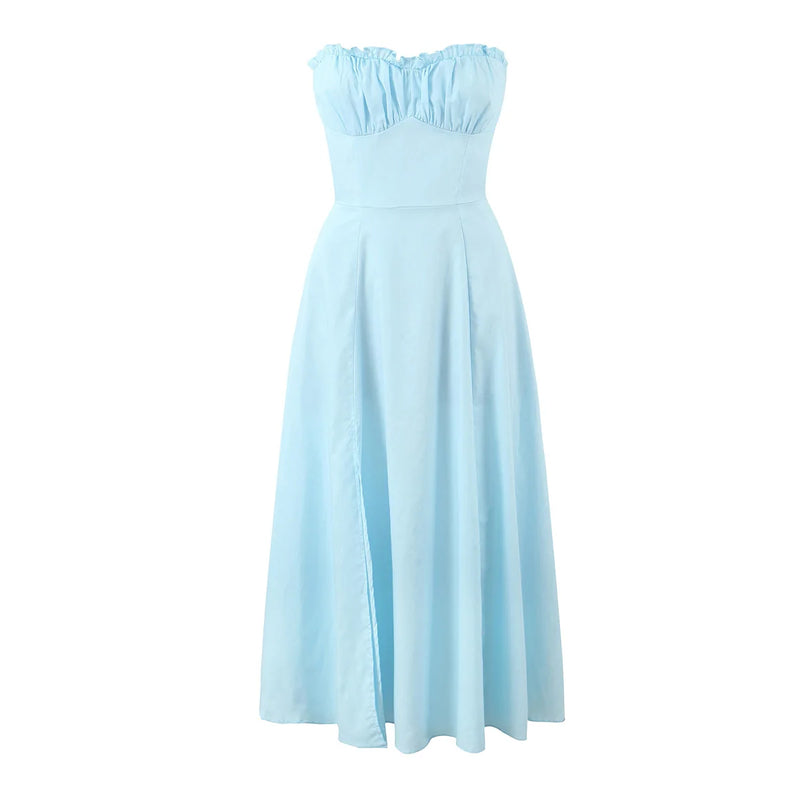 Aqua blue Hem Slit Swing Midi Dress With Bow Strap Slim Corsets Crop Top Fairy