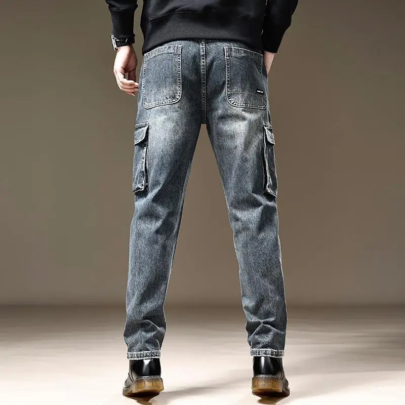 Jeans for Men Straight Pants with Pockets Trousers Cargo Regular Stacked Trend