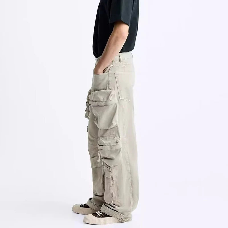 Spring Cargo Pants Men Streetwear Patchwork Straight Pants Casual Men Denim Trousers