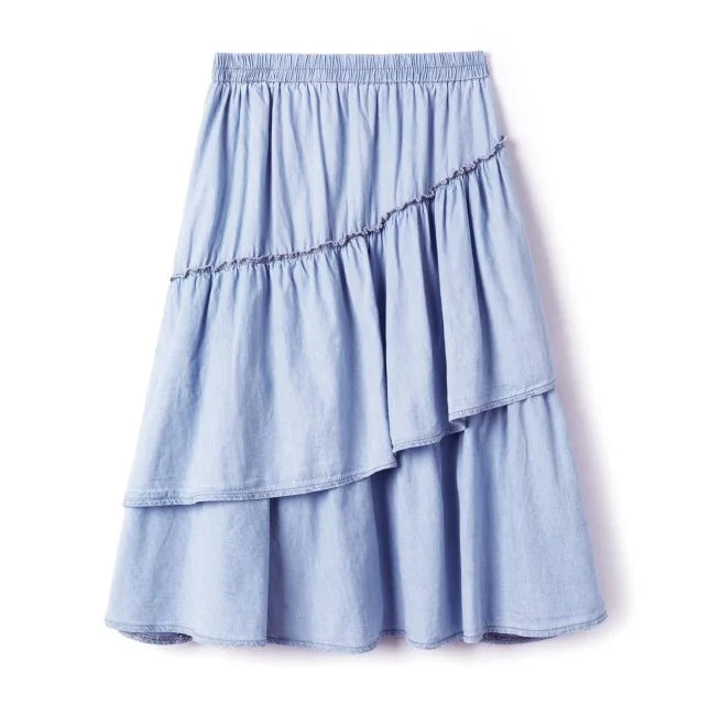 Girls Teen Kids Midi Ruffles Denim Skirt Cotton Summer Jersey Top Patchwork Denim Neck Mommy and Daughter