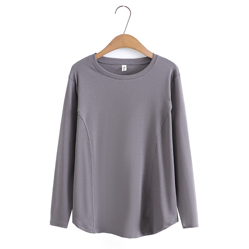 Women Spring Simple Hem Two Side Pleated O-Neck Tees Long Sleeve Tops Oversized Curve Clothes