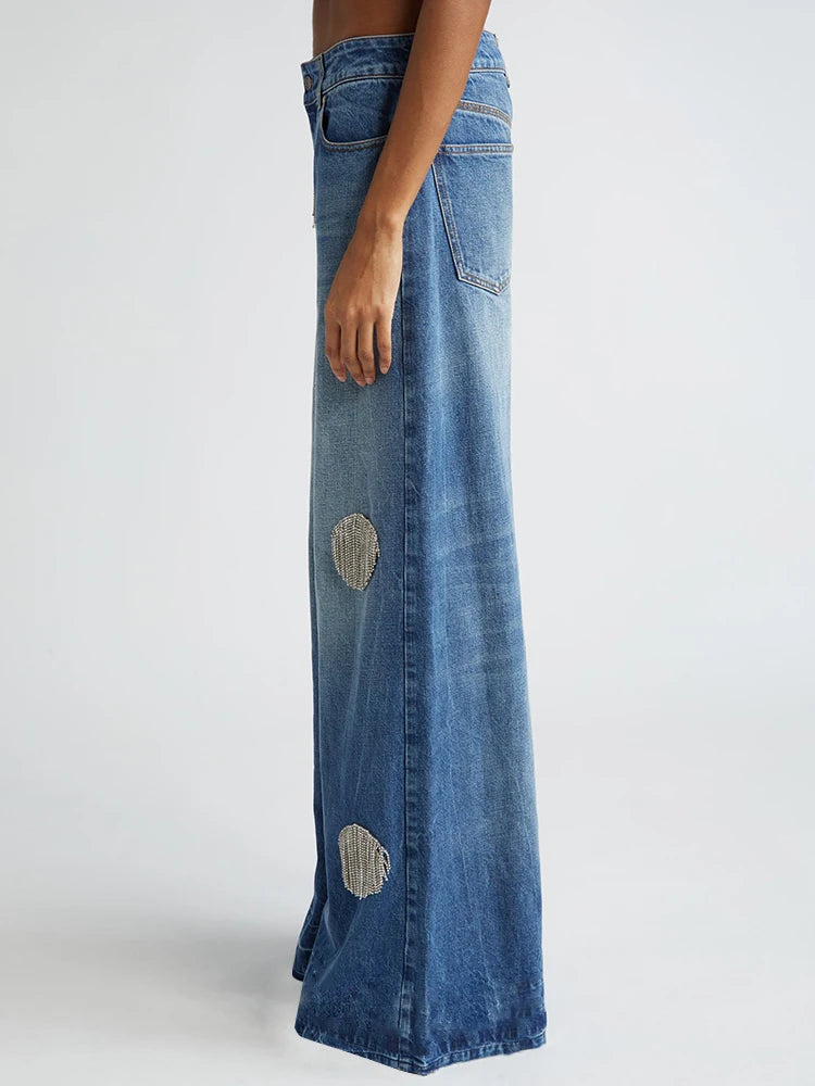 Chic Denim Pants For Women High Waist Spliced Button Wide Leg Straight Pants Female