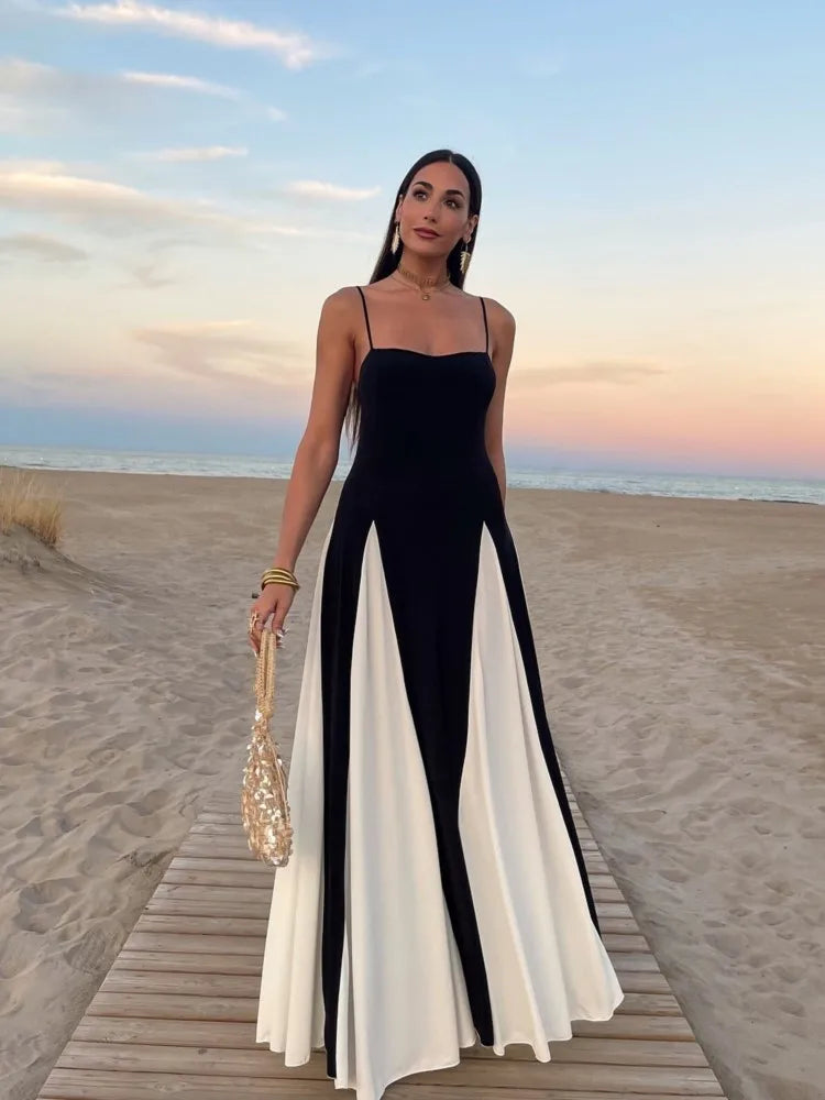 Elegant Contrasting Women Sling Dress Backless Sleeveless  Maxi Dresses Female