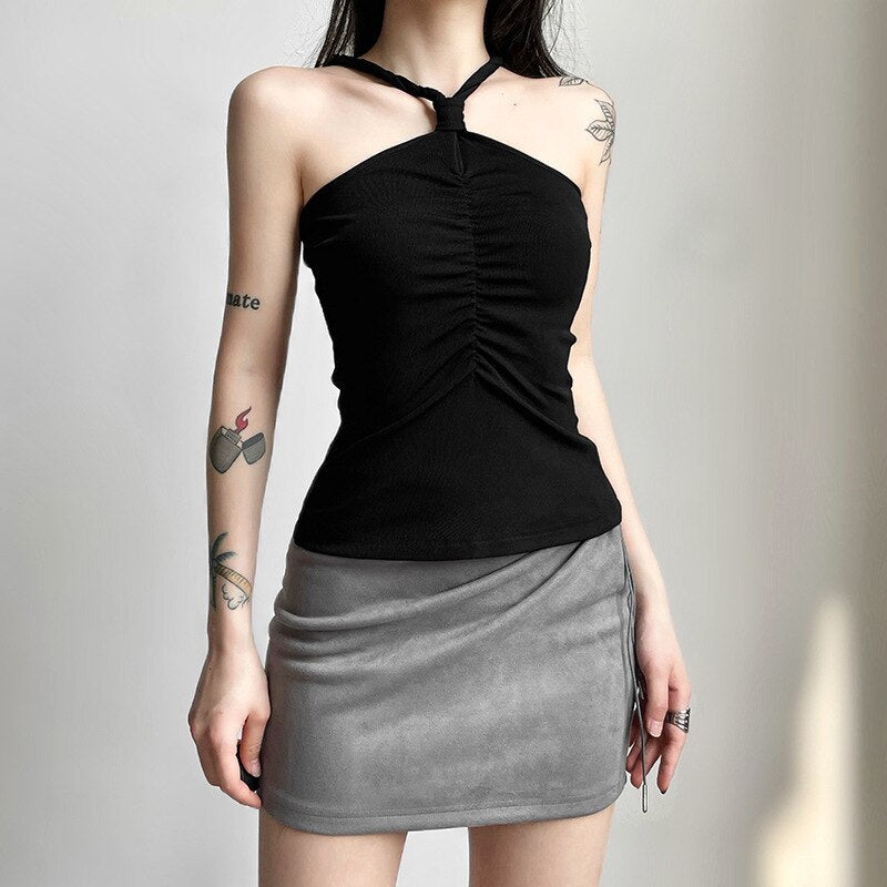 Goth Dark Tie Ruched Mall Gothic Casual Camisoles Grunge Style Bodycon Ribbed Basic Crop Tops Women Sexy Backless Summer Clothes