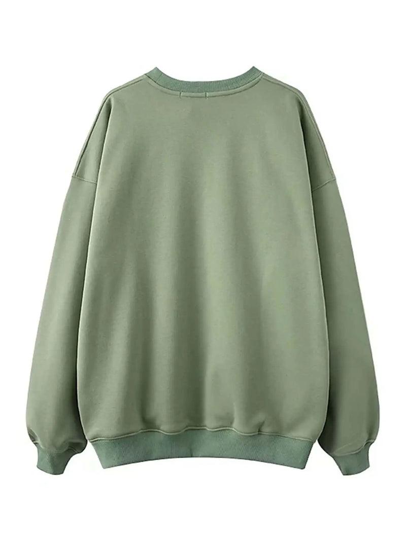 Embroidery Loose Sweatshirt Spring Ladies Round Collar Green Streetwear Chic Sweatshirt