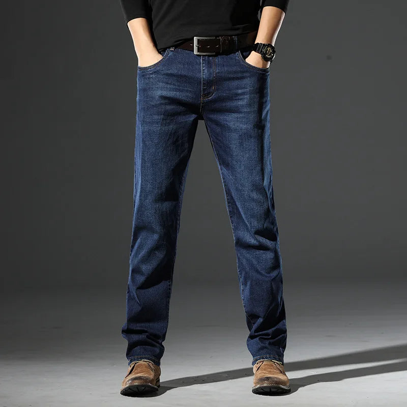 Spring and Autumn Men Mid Rise Straight Leg Jeans Elastic Business Casual Pants