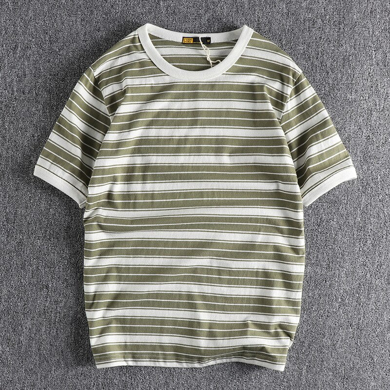 Summer Striped Short Sleeved Men Casual Cotton All Match Youth Half Sleeved Bottoming Pullover Round Neck T-Shirt