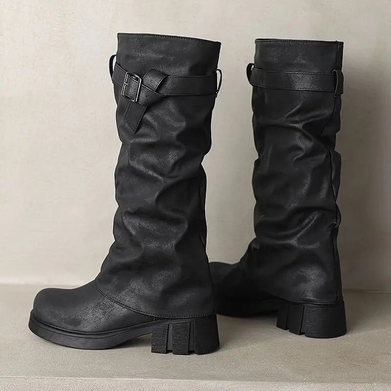 Female Knee High Boots Round Toe Heels Slip On Belt Buckle