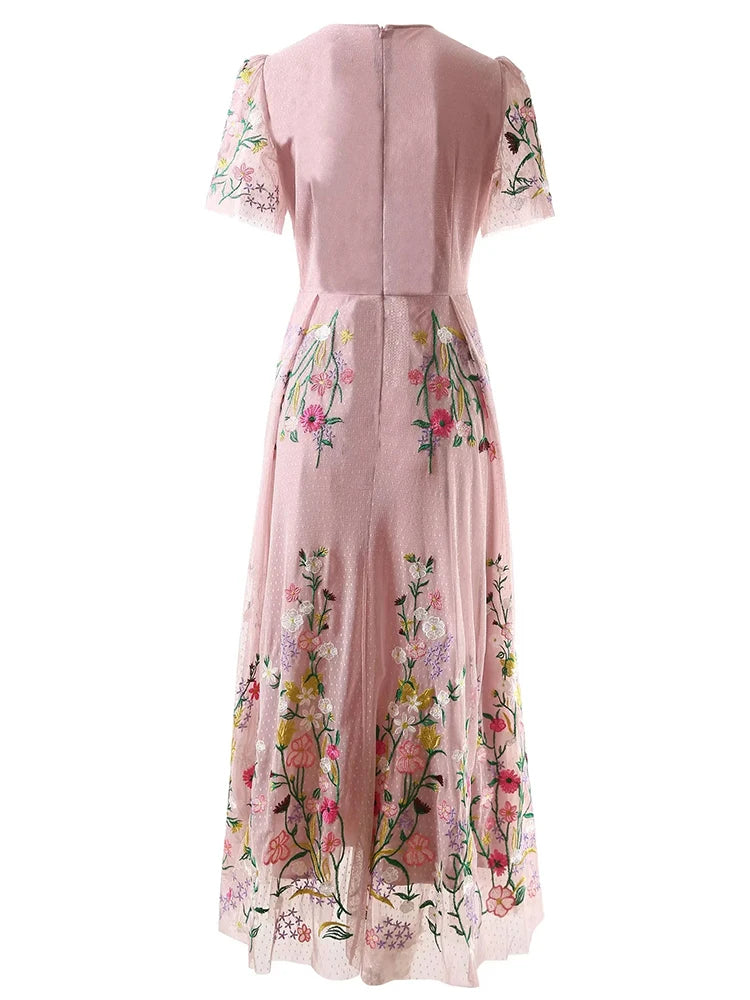 Women Dress Summer Mesh Flowers Embroidery Pink Elegant Long Party